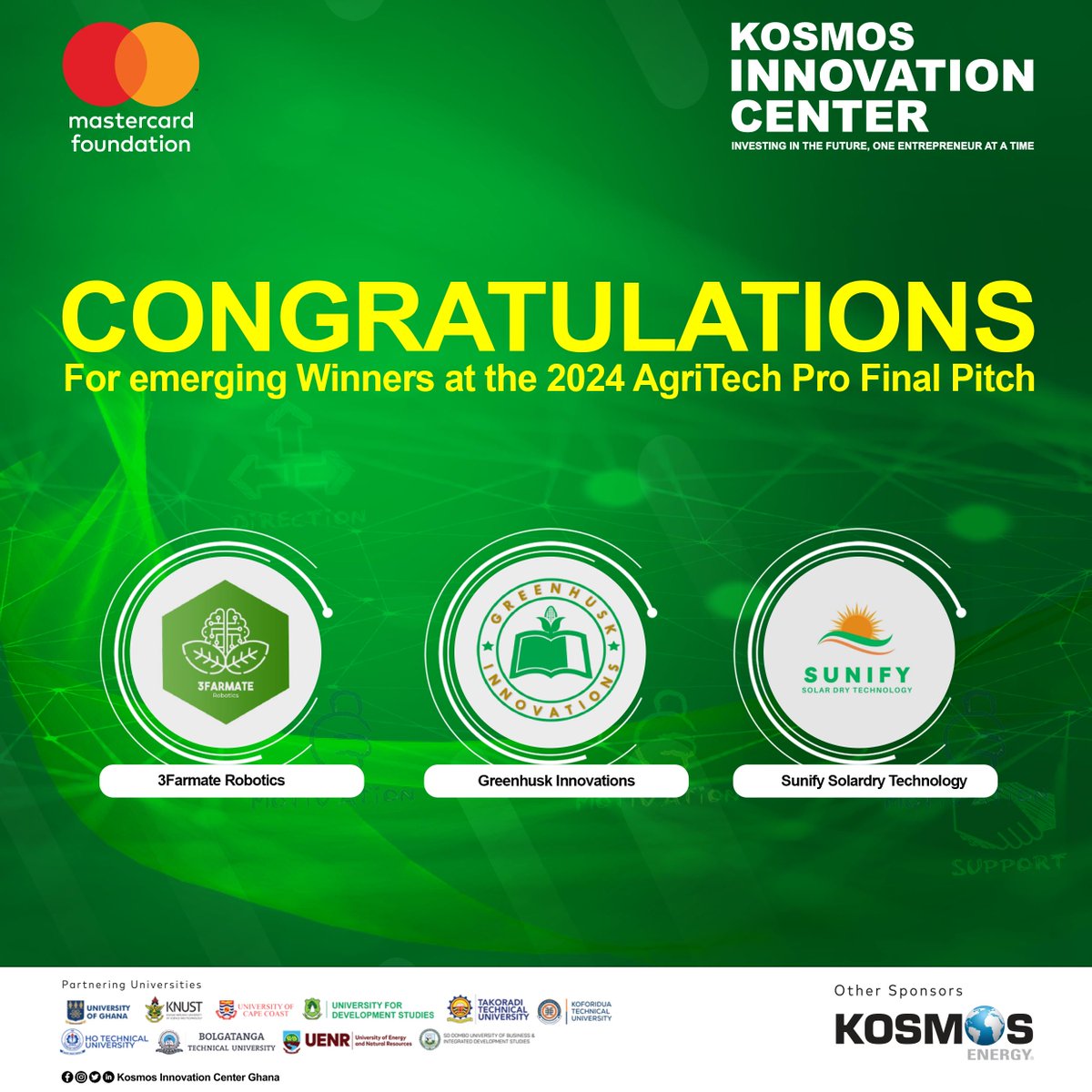 Congratulations to the winners for the USD 30,000 category!​

#AgriTechChallengePro #AgriculturalInnovation #Sustainability ​

#YouthInAgriculture #International Development #MastercardFoundation  #KosmosEnergy