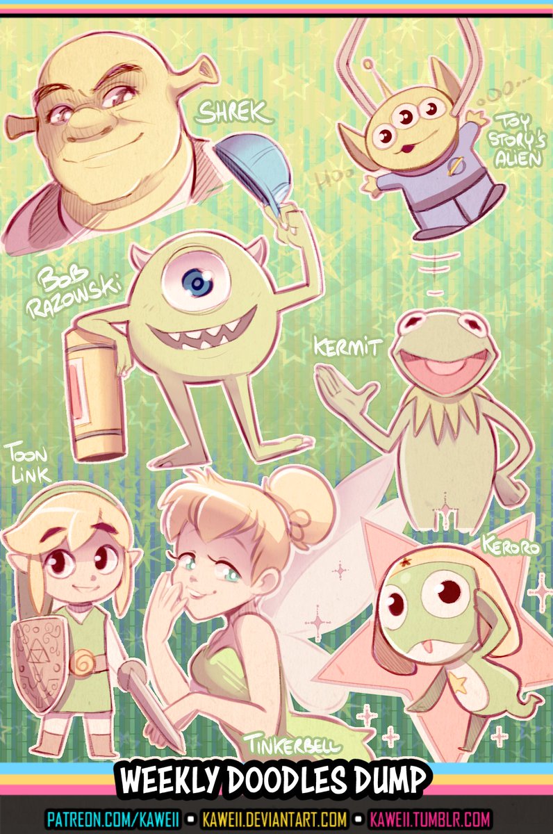 Doodle dump shared first on my patreon ✨
Green themed! 💚 (my favorite color 🥰)

Mon Shrek est peut-être un peu trop beau... 😂
#Shrek #Kermit #MonsterINC #Link #Keroro #Tinkerbell