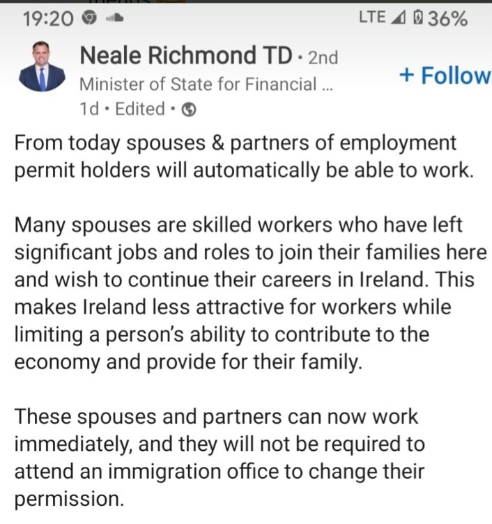 At a stroke of a pen Neale Redmond has given 10s of thousands, possibly over 100,000 Non-EU nationals work permit status in Ireland.