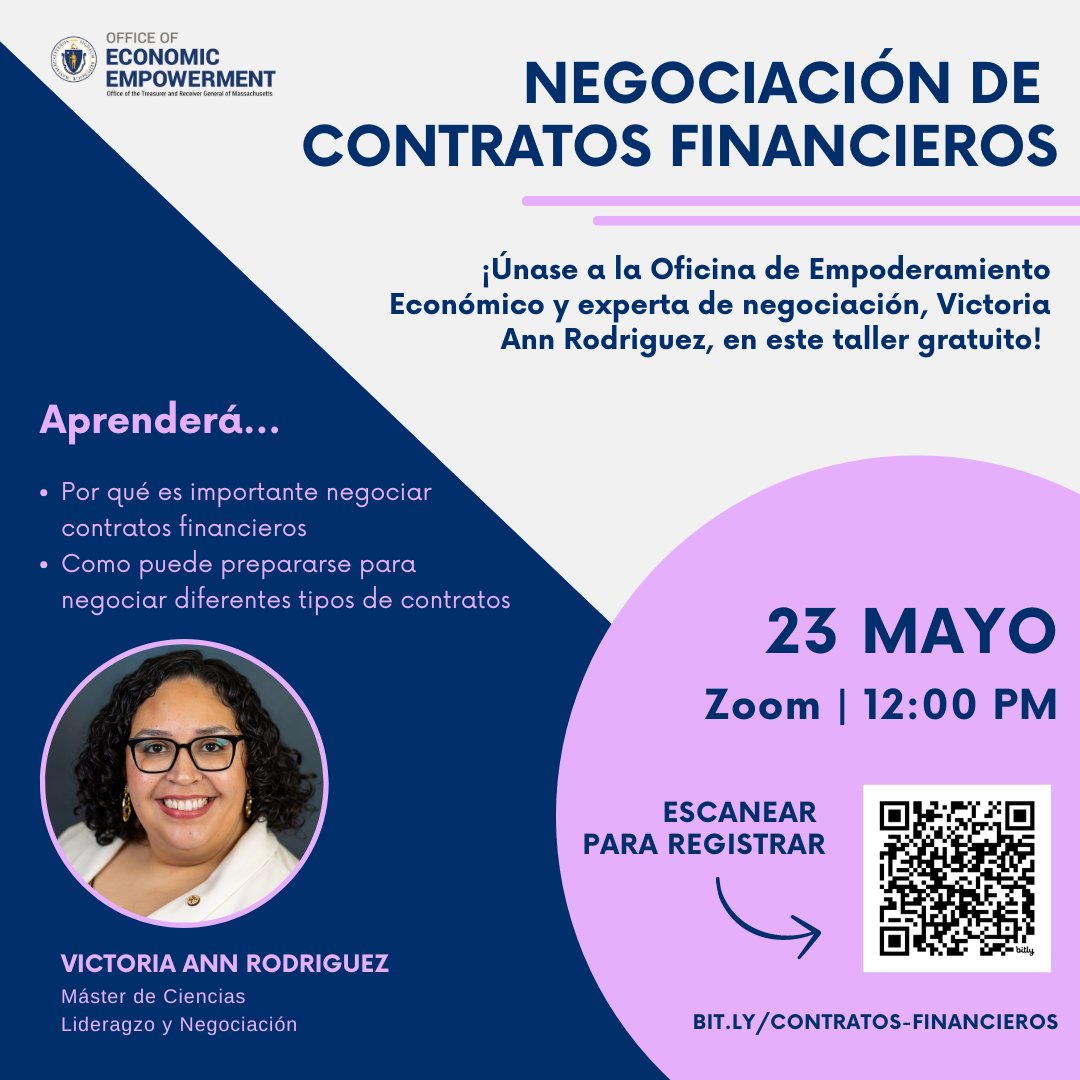 ¡Únase a nosotros para el próximo taller de negociación! En este taller gratuito con experta Victoria Ann Rodriguez, aprenderá cómo negociar contratos financieros. Reístrese aquí: us06web.zoom.us/webinar/regist…