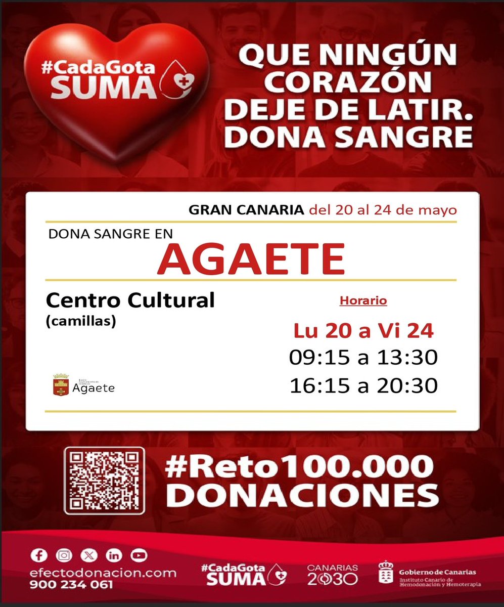 🩸 El Instituto Canario de Hemodonación y Hemoterapia (ICHH), dependiente de la Consejería de Sanidad del Gobierno de Canarias, estará la próxima semana en Agaete para que la ciudadanía pueda donar sangre.