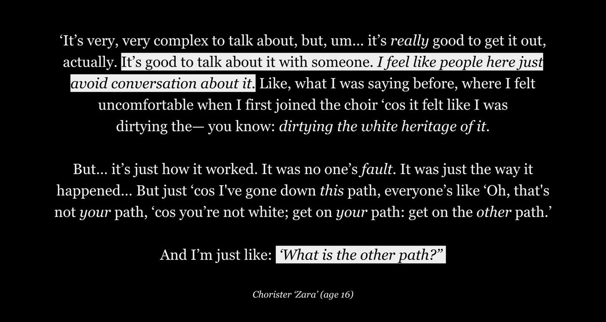 Protective of my young interlocutors, I hesitated to share this; but it’s too vital to carry quietly. Thanks, @dieneswilliams & COA, for encouragement.

A Black chorister discusses feeling ‘like [she] was dirtying the tradition because it’s meant to be white.’ #ChoristerResearch
