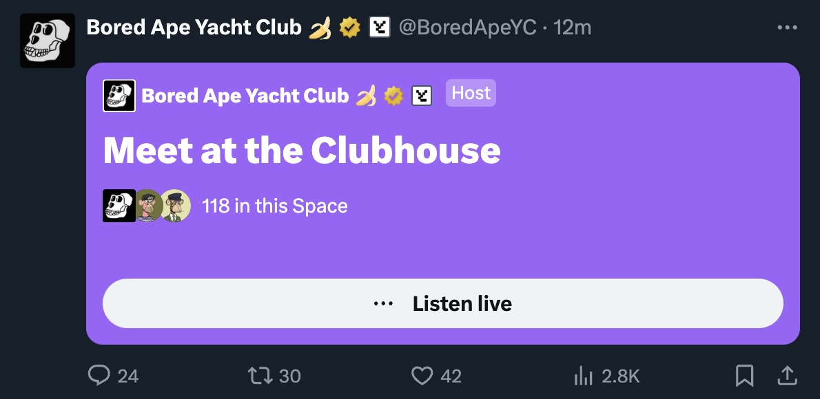 less than 2 years ago

if @BoredApeYC hosted a twitter space

every single person in this space would drop what they're doing to listen in

now they can barely break triple digits

pretty sad how far NFTs have fallen