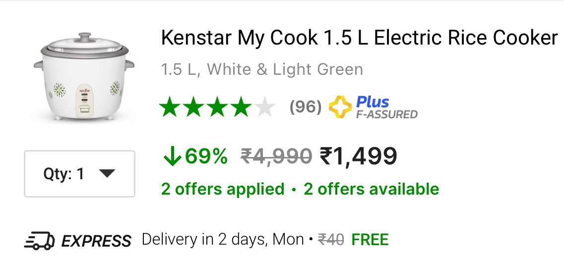 Kenstar My Cook 1.5 L Electric Rice Cooker with Steaming Feature for ₹1,499  

fkrt.it/yT50kZNNNN