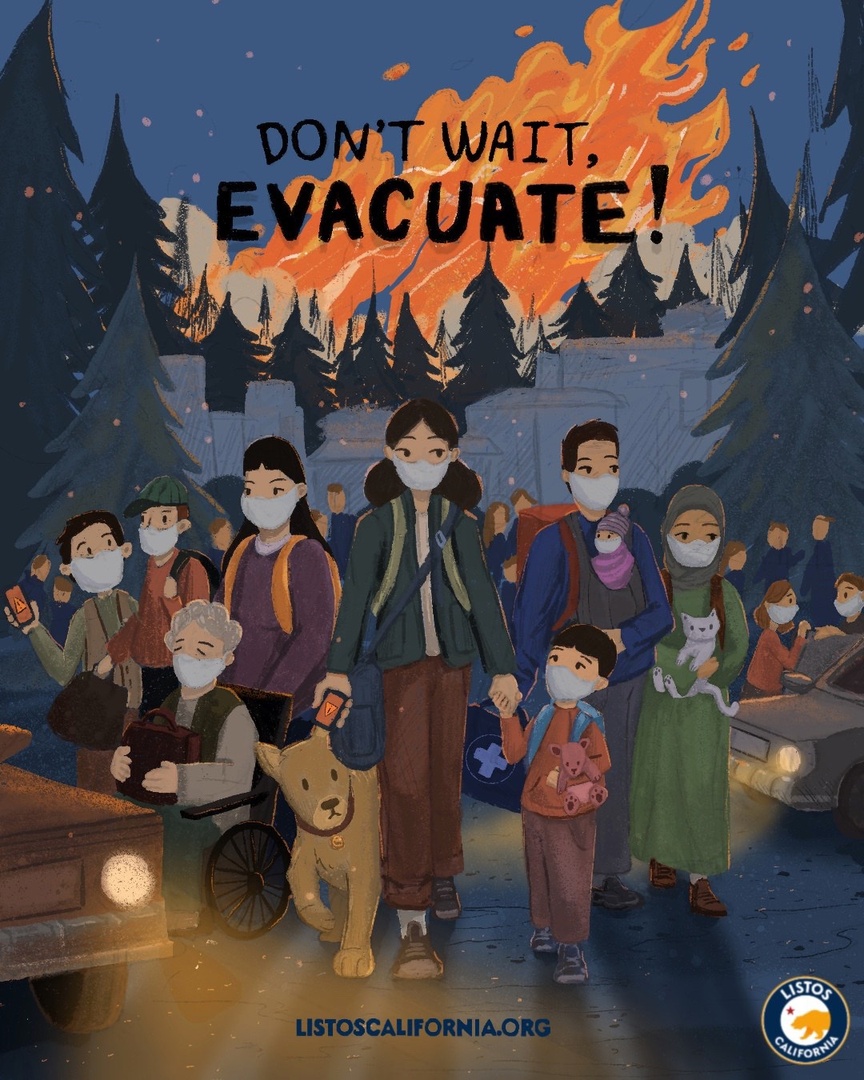 Prepare and protect your people! When a wildfire happens in your community, listen and watch for evacuation warnings and orders. Art by Thao-Vy Nguyen (@tellyvy) #ListosCalifornia #AAPIHM2024 #WildfireAwarenessMonth
