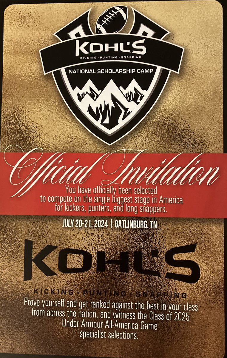 Blessed to receive an invite to the Kohl’s national scholarship camp. @StClark30 @pikeroadFB @GrangerShook @KohlsKicking