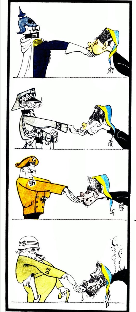 This Soviet Ukrainian caricature rightfully decipts Ukrainian nationalists as political whores ! Always bending over for the new master ! 😃

Published  at Magazine 'Pepper' 1962 No. 12. Artist V. Zelinsky.