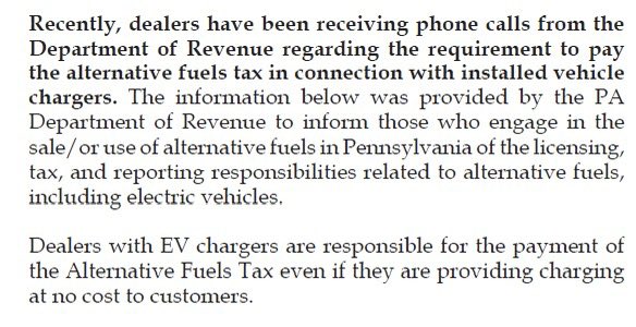From a large dealer in Pennsylvania: “Dealers are being forced to buy EV chargers, then get taxed on useage. Were dealerships ever forced to install gas pumps?“