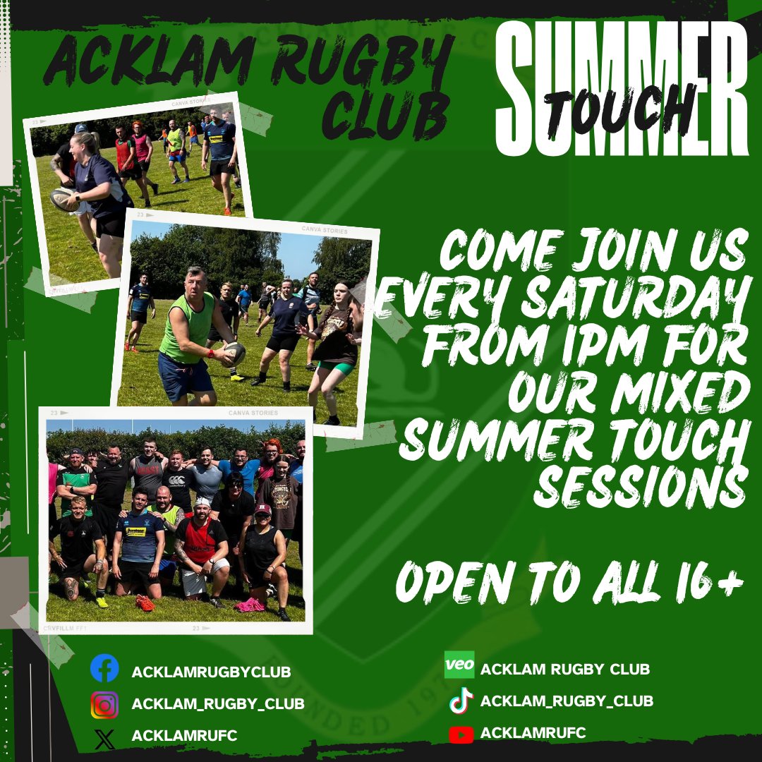 Summer Touch is Back from this Saturday 18th May 2024!
Missing training and games in our season break?
Or do you want to try rugby before going into contact?
Summer Touch is perfect for all, giving you all the opportunities to "Have a TRY"
Mixed sessions from 16+.