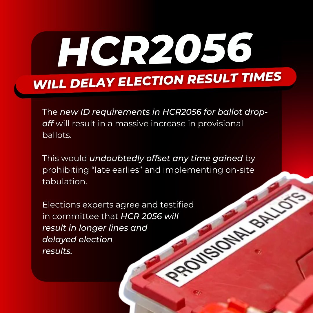 If the Republican’s goal is actually faster election results, pushing HCR2056 to the voters is the wrong plan. 

This rushed ballot referral will increase provisional ballots, prohibit “late early” drop-offs, and result in longer wait times for EVERYONE. #azleg