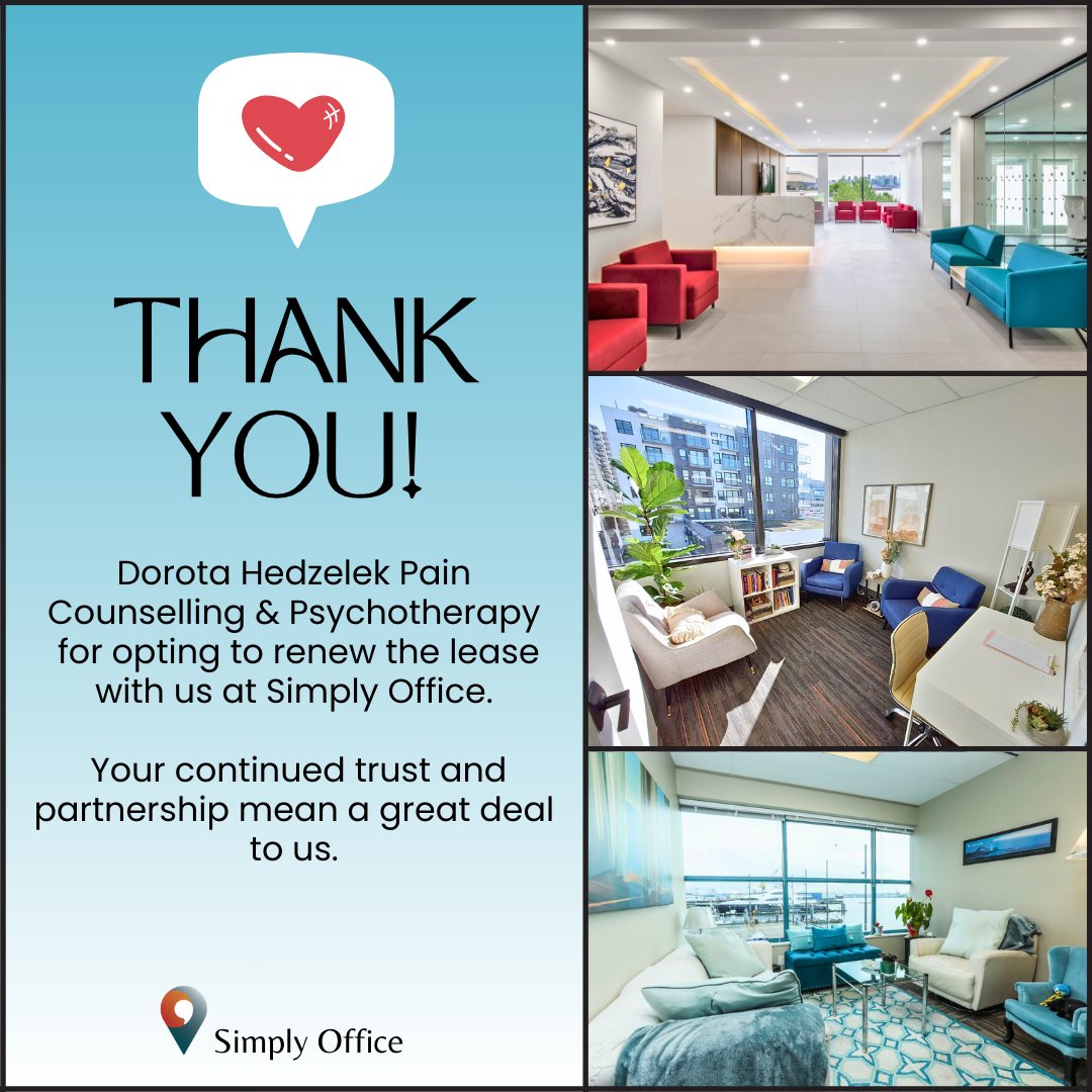 Hello and Happy Friday!

A heartfelt thank you to Dorota Hedzelek Pain Counselling & Psychotherapy for renewing their lease with us at Simply Office. We deeply value our tenants, clients, and supporters. 

For more information contact us today! 

#officesforrent #northvancouver
