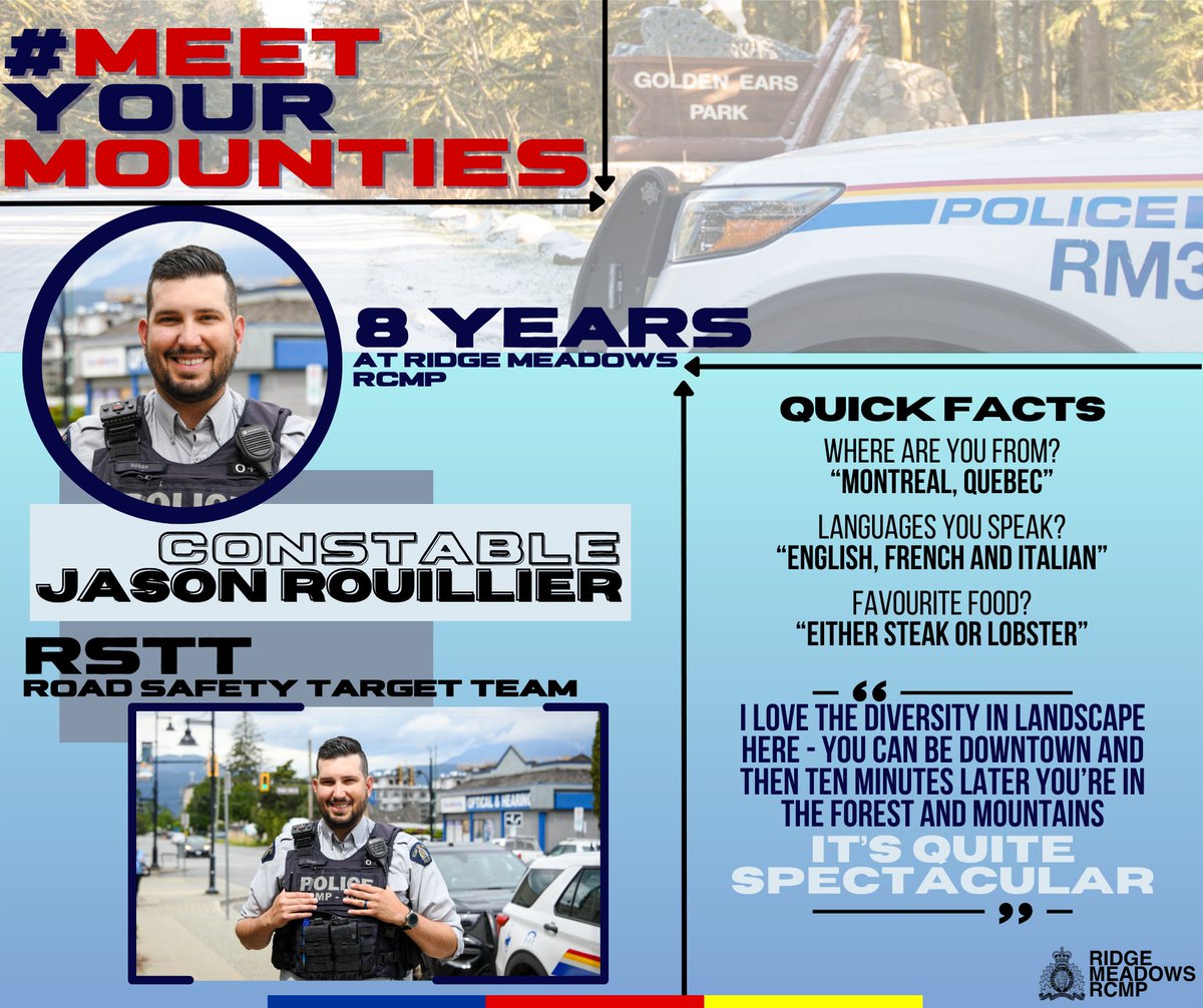 👮‍♂️ It's time for another edition of #MeetYourMounties! Constable Jason Rouiller may be a familiar face, serving in Ridge Meadows since 2016 - but did you know he can speak French AND Italian??? 🇫🇷 🇮🇹 #NationalPoliceWeek @YourMapleRidge @citypittmeadows
