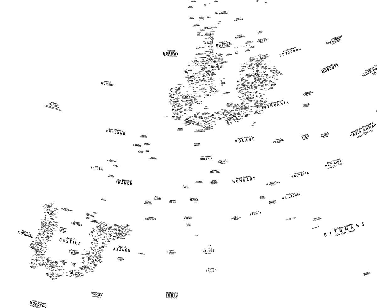 RRatkus's tweet image. i'll try to get the text bit of my 1444 europe map done over this month, can't walk for five weeks after being hit by a car but at least now i have a lot of free time to get the labels done for this map, the continent will slowly take shape in labels