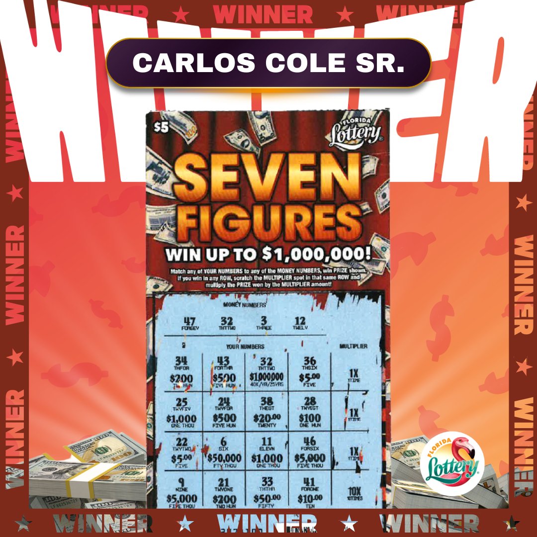 🚨 Winner Alert! 🚨 Carlos Cole, Sr., of Winter Haven, received a $1 million 💸 top prize from the $5 SEVEN FIGURES Scratch-Off game! Congratulations, Carlos, on your seven-figure win! #FloridaLottery