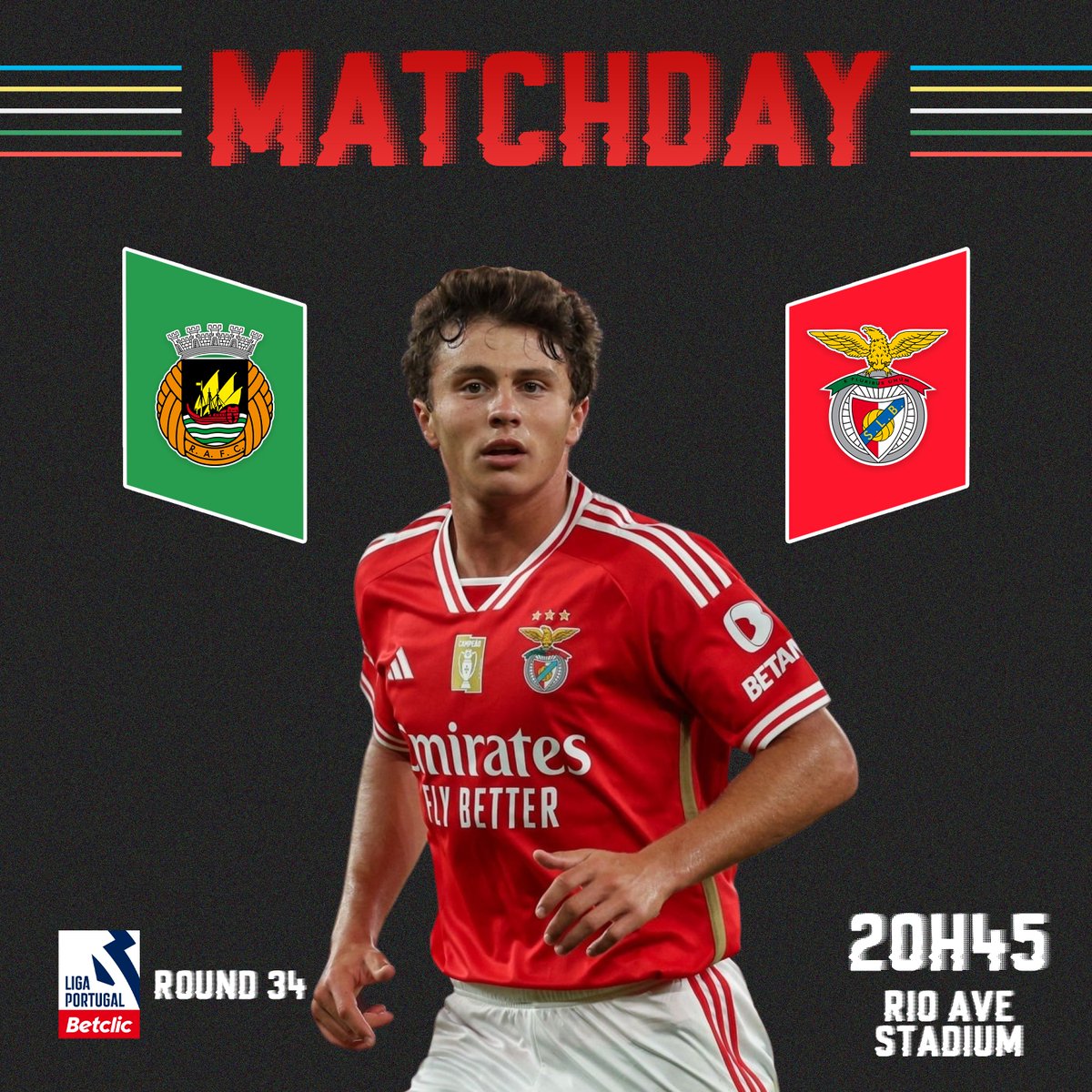 It's Matchday! 💪

⚽️ Rio Ave 🆚 SL Benfica
⏰ 20:45
🏆 Portuguese League - Round 34
📺 Sport TV 1 🇵🇹 | RTPi. 🇬🇧🇺🇸
#SLBenfica #RAFCSLB 🦅