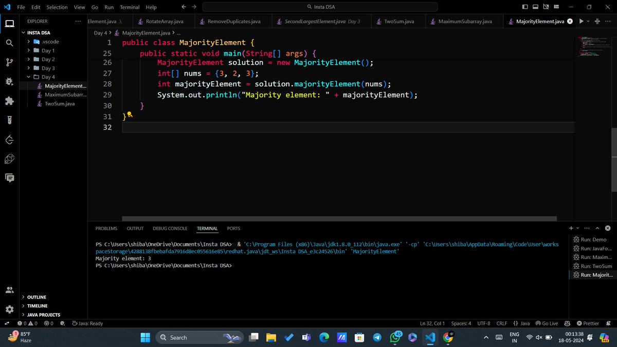 Day 4 of #InstaDSA with
@hiten_codes I revised the basics of @java to start this challenge & solve the problems of the day. 
Theory:
1. Arrays: 2 Pointer Method

Problems of the day:
1. 2 Sum
2. Majority Element
3. Maximum Subarray Sum
#Fresher #jobsearch #Softwareengineering