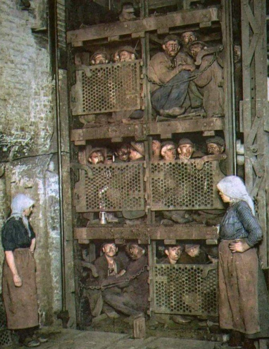 American citizens endured many hardships building this nation only to have Marxist Democrats and backstabbing #RINOs send our wealth overseas and allow third world cutthroats to invade us. Coal miners in an elevator. Early 20th century #MAGA @SpeakerJohnson @LeaderMcConnell
