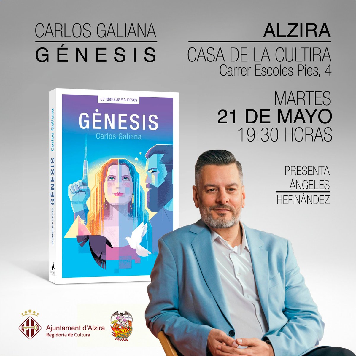 El nostre bon amic, Carlos Galiana, ja té un fill, ha plantat un arbre, però li faltava escriure un llibre, i allà que ha anat i ha fet una novel·la 'Génesis'.
Després de tants anys de lligam en la Malva, li feia comboi presentar-lo a Alzira de la mà d'Angeles.