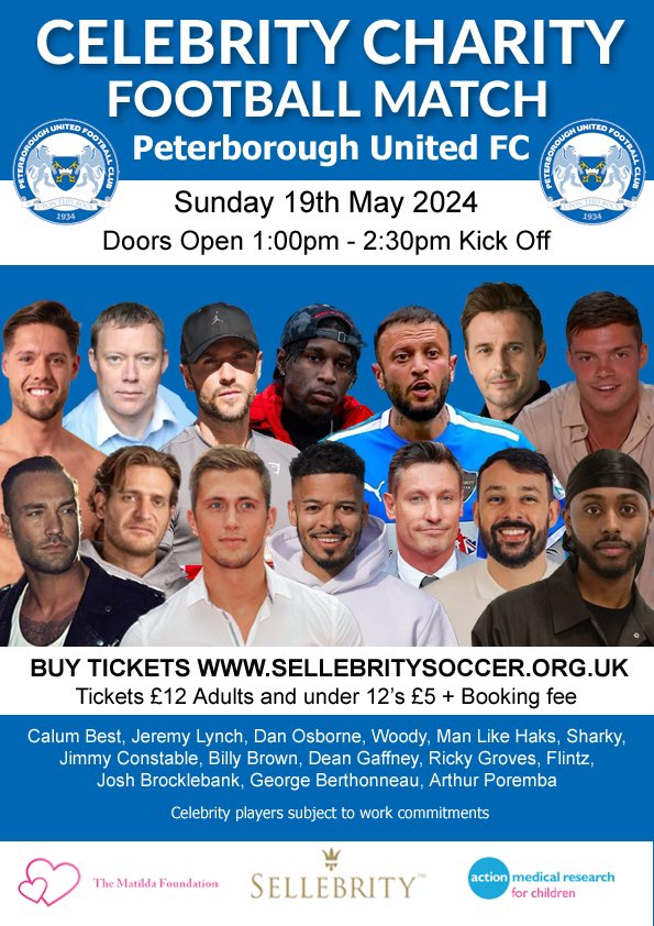 📆 THIS SUNDAY 2.30PM 📍PETERBOROUGH UNITED FC This Sunday we are ready for @theposh for our 3rd year celebrity charity match at the club @actionmedres @thematildafoundation We cannot wait for Sunday here we go again⚽️ Tickets on sale at sellebritysoccer.org.uk