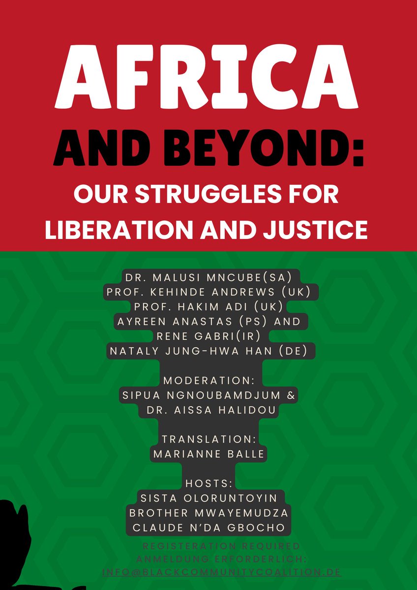 BlackCommunityCoalition - #NoJustice #NoPeace (@blackcommunit20) on Twitter photo #AfricaUnityWeek
Kick-Off with Opening-Panel:
Africa and Beyond:
"Our Struggles for Liberation & Justice"
PLS register via E-Mail to:
👉🏿📧info@blackcommunitycoalition.de👈🏿
for Online participation on #Streamyard
More Info:
👉🏿blackcommunityhamburg.blackblogs.org/2024/05/17/afr… #AfricaUnityWeek
Kick-Off with Opening-Panel:
Africa and Beyond:
"Our Struggles for Liberation & Justice"
PLS register via E-Mail to:
👉🏿📧info@blackcommunitycoalition.de👈🏿
for Online participation on #Streamyard
More Info:
👉🏿blackcommunityhamburg.blackblogs.org/2024/05/17/afr…