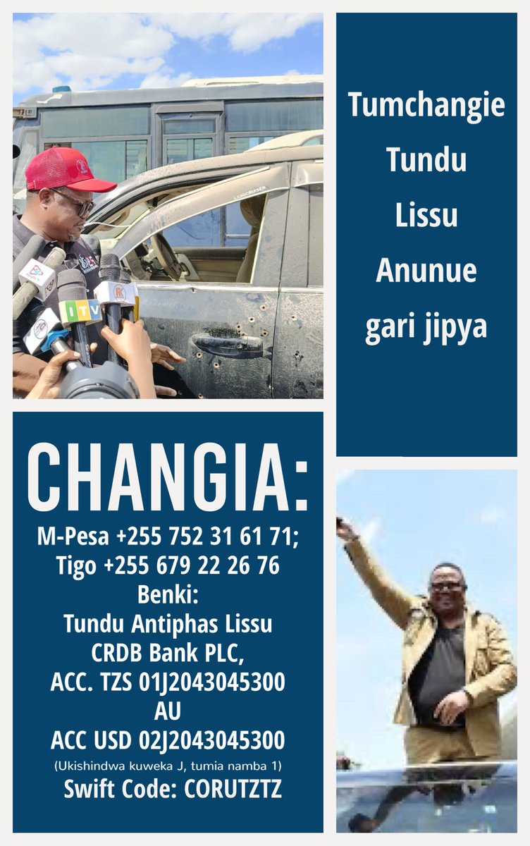mdudenyagali's tweet photo. Mungu ametupa @TunduALissu kama zawadi kwetu. Ndio maana hata wasiopenda kazi yake ya kuwakemea watawala wanaojigeuza miungu walijaribu kumuua lakini hawakufanikiwa. Tunahitaji kumchangia pesa kupitia namba zake anunue gari nyingine.

M.Pesa 0752316171
TigoPesa 0679222676 https://t.co/2sYxZhWhhS