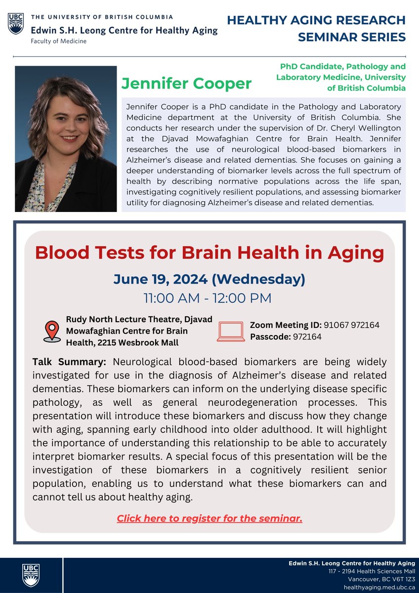 Edwin S.H. Leong Centre for Healthy Aging (@ubcaging) on Twitter photo We are pleased to announce Jennifer Cooper <a href="/JenCooper49/">Jennifer Cooper</a>, a PhD candidate from <a href="/WellingtonUBC/">Wellington Lab</a>, will be the next speaker in our Healthy #Aging Research Seminar Series on June 19 (11:00 AM-12:00 PM PT)! Register here to attend virtually or in-person at UBC: shorturl.at/LltWO We are pleased to announce Jennifer Cooper <a href="/JenCooper49/">Jennifer Cooper</a>, a PhD candidate from <a href="/WellingtonUBC/">Wellington Lab</a>, will be the next speaker in our Healthy #Aging Research Seminar Series on June 19 (11:00 AM-12:00 PM PT)! Register here to attend virtually or in-person at UBC: shorturl.at/LltWO