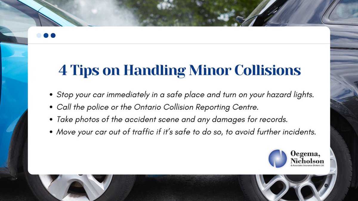 Accidents happen, but there's no need to panic!

Check out our #OegemaNicholson tips on handling #MinorCollisions and learn more at bit.ly/49SUHsY.

Ready to update your 🚗 policy? For a new #CarInsuranceQuote, get in touch with us at 613-704-7766.