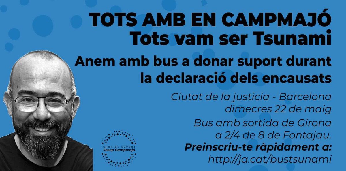 Estimat @josepcampmajo , per poc que pugui dimecres vindrem a fer-te costat... Després, t'esperem a #Girona !! (Què si són 'democràcia plena' t'han de deixar en pau 🤌🏾🤌🏾) Sinó, no tindran prou jutges per a tant @tsunami_dem !!!