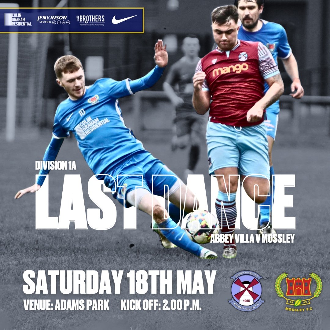 Our final game of the season takes place tomorrow away to league champions, Abbey Villa.
Our bus will leave Ballyearl at 11.15am and depart Millisle for home at approx 6.15pm.

The game has a 2pm KO.

Come and show your support.

#WeAreTheMossley🔵⚪️⚽️