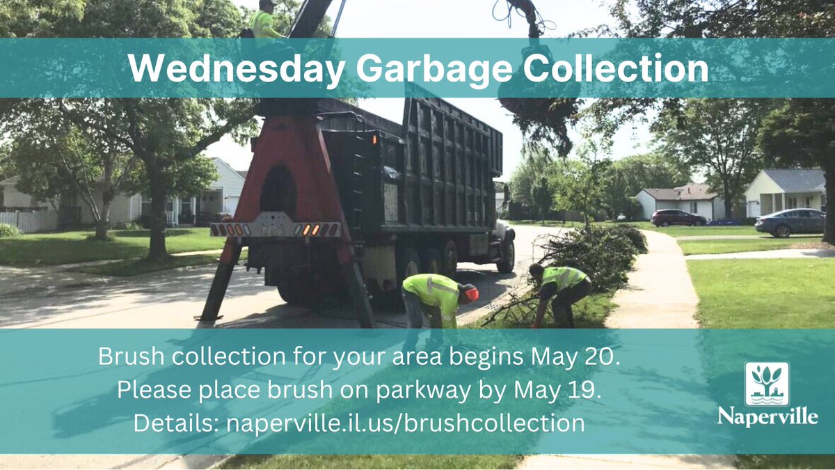 Brush collection begins Monday, May 20, for those with Wednesday as their regular garbage collection day. Take advantage of this free service by placing brush on the curb by Sunday, May 19. For more details, visit naperville.il.us/brushcollection.