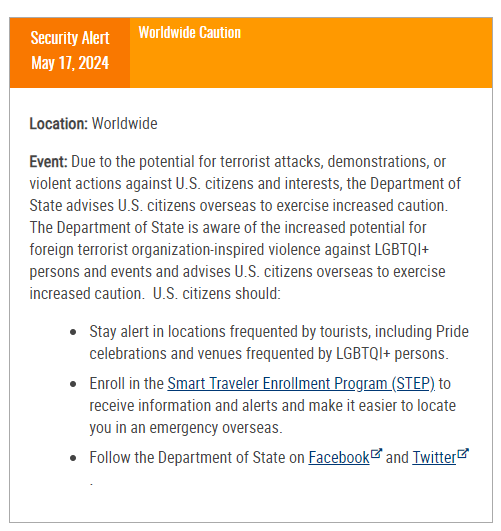 U.S. State Department issues worldwide travel alert, warns of terror threat against LGBT events