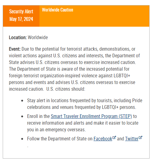 BNONews's tweet photo. U.S. State Department issues worldwide travel alert, warns of terror threat against LGBT events https://t.co/dXRaNMhtuG