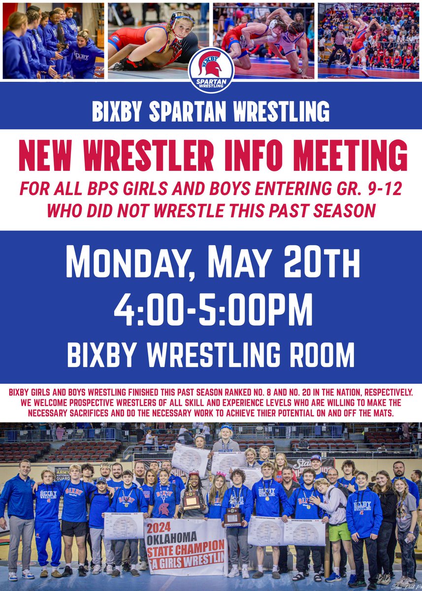 🚨🚨🚨 Info Meeting this coming Monday, May 20th, from 4-5pm for any NEW HS GIRLS AND BOYS who would like to wrestle next season. No workout attire necessary. Come find out what it means to be Bixby Built! 💪🤼‍♀️🤼‍♂️