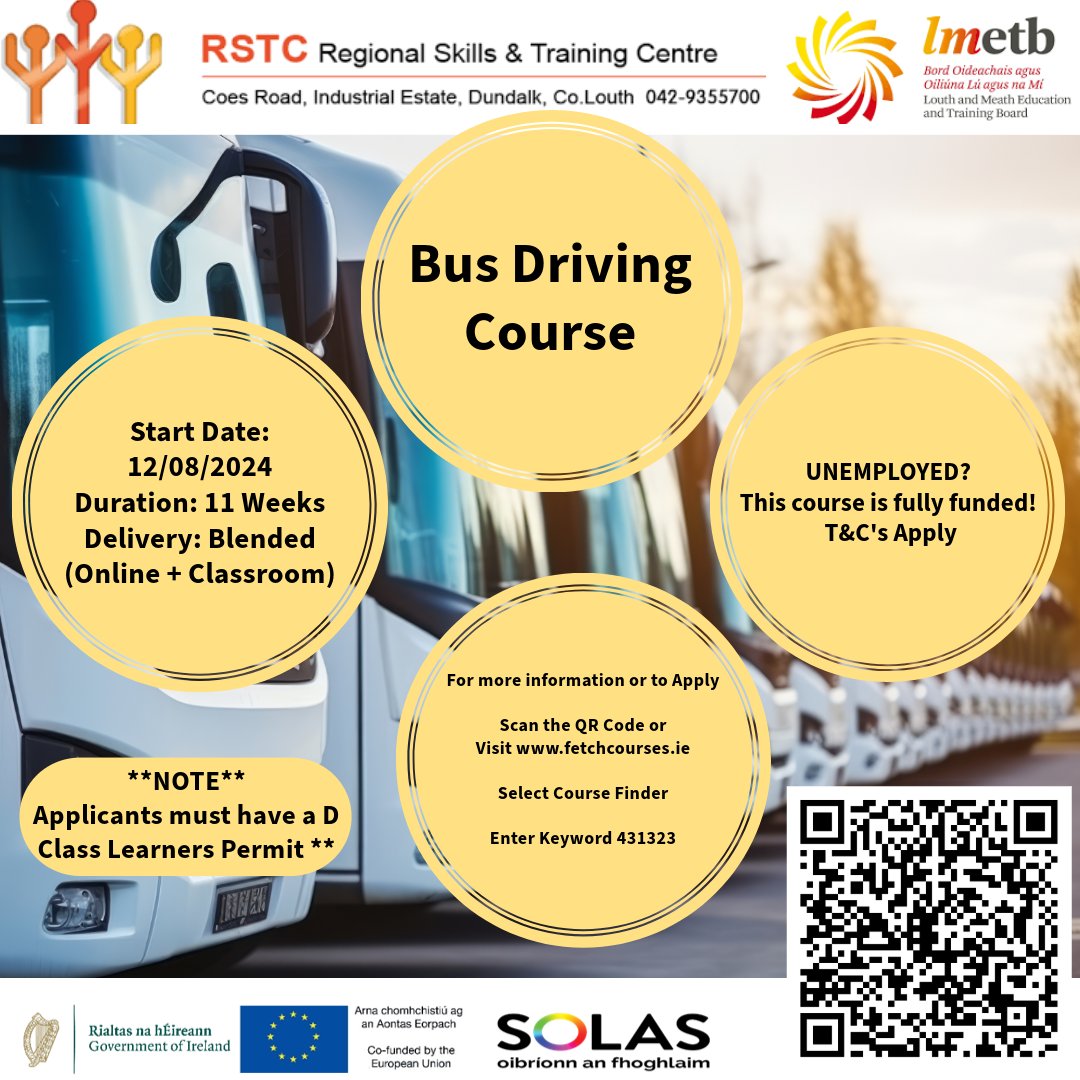𝐋𝐎𝐎𝐊𝐈𝐍𝐆 𝐓𝐎 𝐔𝐏𝐒𝐊𝐈𝐋𝐋?

Bus Driving Course

𝐀𝐩𝐩𝐥𝐲 𝐧𝐨𝐰 𝐯𝐢𝐚 𝐥𝐢𝐧𝐤 𝐛𝐞𝐥𝐨𝐰!👈

fetchcourses.ie/course/finder?…

*Applicants must hold a current D class learners permit

#FurtherEducationTraining#LMETB#ThisIsFET#BusDriving