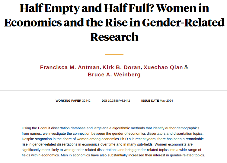 Despite stagnation in the share of women among economics PhD recipients, dissertations on gender have increased rapidly among women and men across many subfields, from Francisca M. Antman, Kirk B. Doran, Xuechao Qian, and Bruce A. Weinberg nber.org/papers/w32442