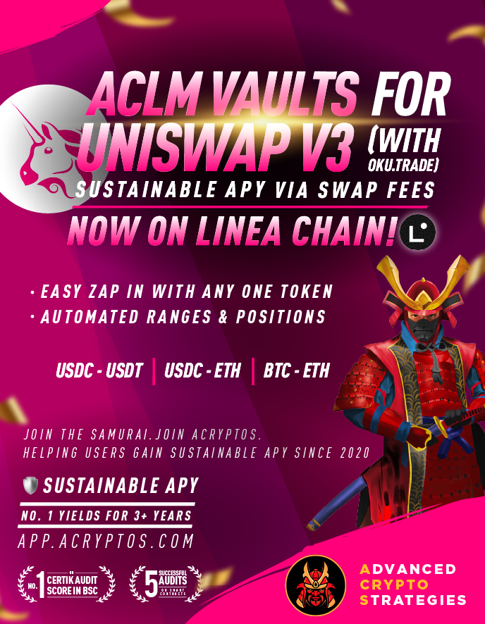 acryptosdao's tweet image. We're on Linea chain with Uniswap V3!
$USDC / $USDT
$USDC / $ETH
$BTC / $ETH
Now with additional UNI rewards distributed by #merkl

Why ACryptoS?
🔵best performing Conc Liquidity management for stable pairs 📈
🔵sustainable APY from swap fees
🔵fully automated compounding…