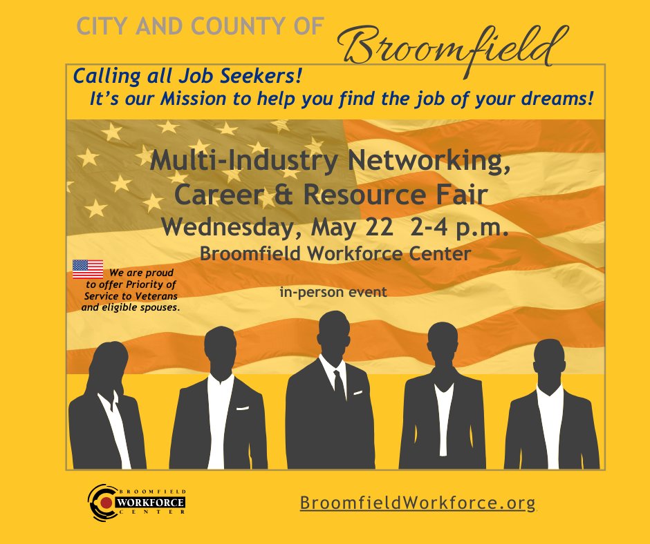 Looking for a job in or around Broomfield? Broomfield Workforce Center is proud to host another in-person event on Wed., May 22, from 2-4 p.m. Visit ow.ly/MbwY50RG6vw.