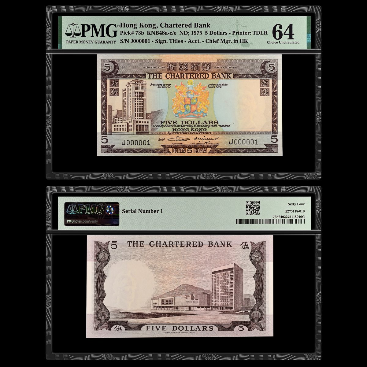 Note of the Day: Today’s #FancyFriday featured banknote displays a Serial Number 1 fancy serial number! Have a look at this Hong Kong, Chartered Bank ND; 1975 5 Dollars graded PMG 64 Choice Uncirculated. Watch short videos about fancy serial numbers at PMG.click/yt