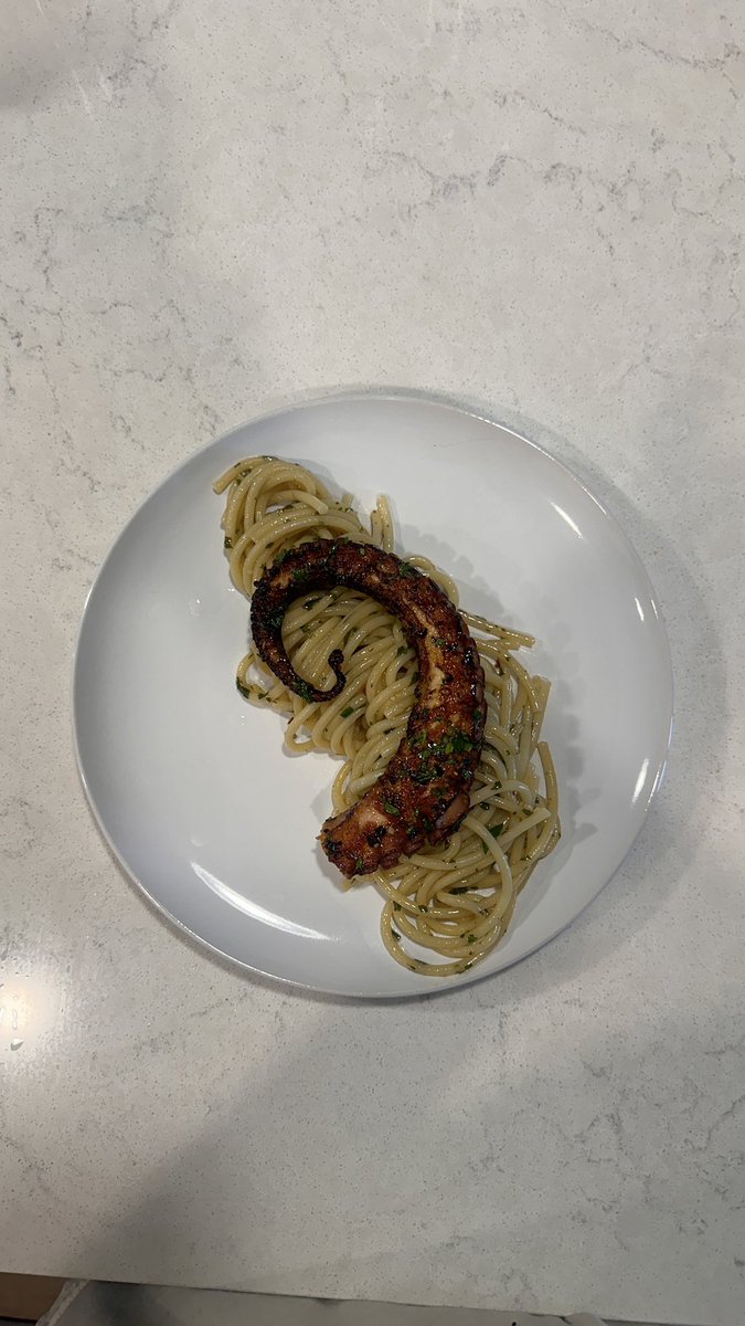 Lunch: Chimichurri bucatini pasta w/ seared octopus