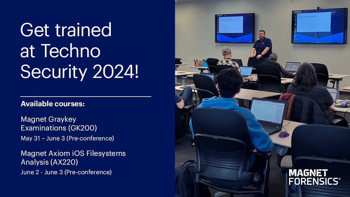 We'll be in Wilmington, NC a few days ahead of #TechnoSecurity for some pre-conference training! Be sure to save your spot to learn more about #Graykey examinations and #iOS filesystems analysis in #Axiom: GK200: ow.ly/ZkT250RKl8a AX220: ow.ly/lgEp50RKl88