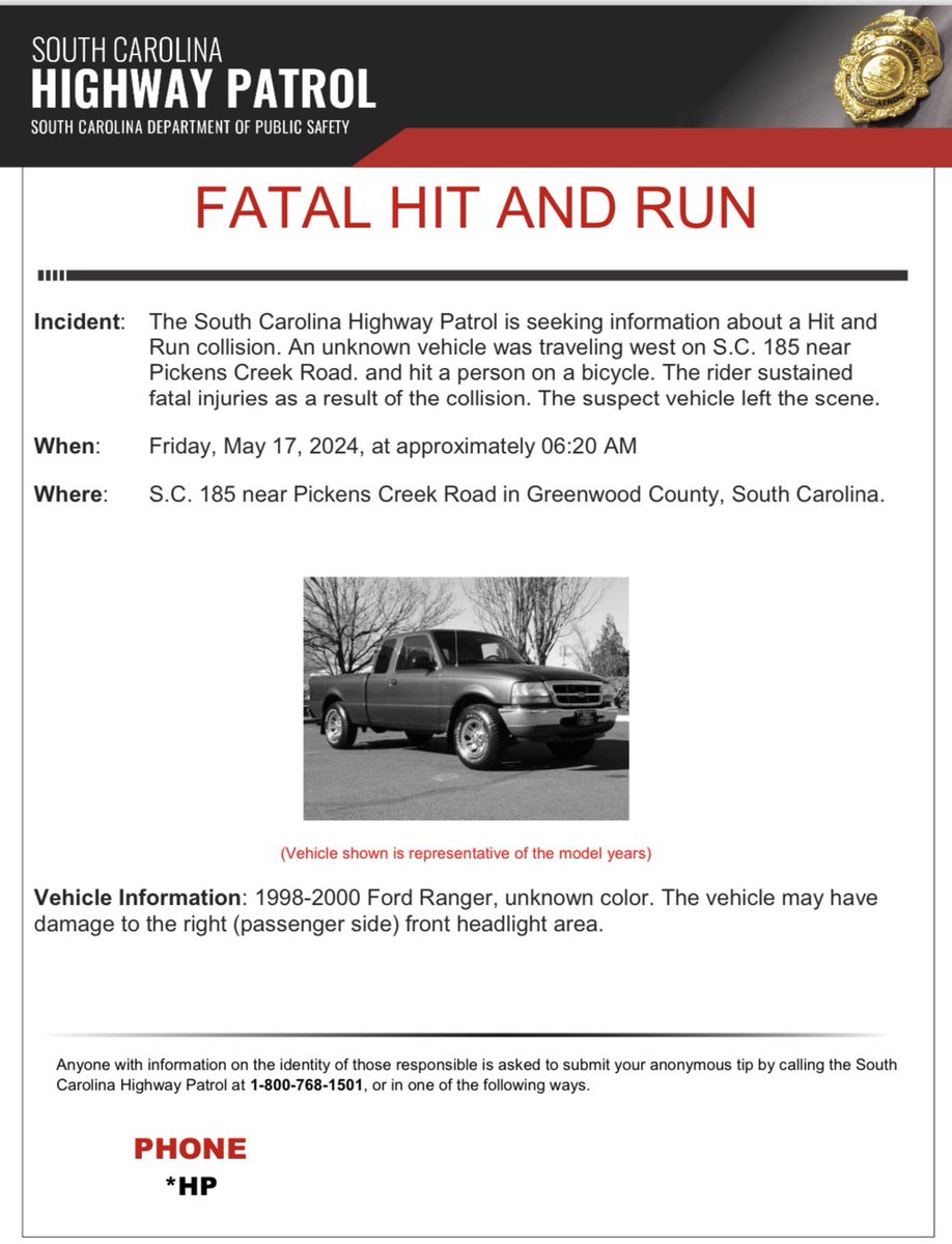 We need your HELP South Carolina! This is an active hit and run in Greenwood County. If you have any information please contact us via your electric device by calling *47 (*HP) or 803-896-9621 for our dispatch.
