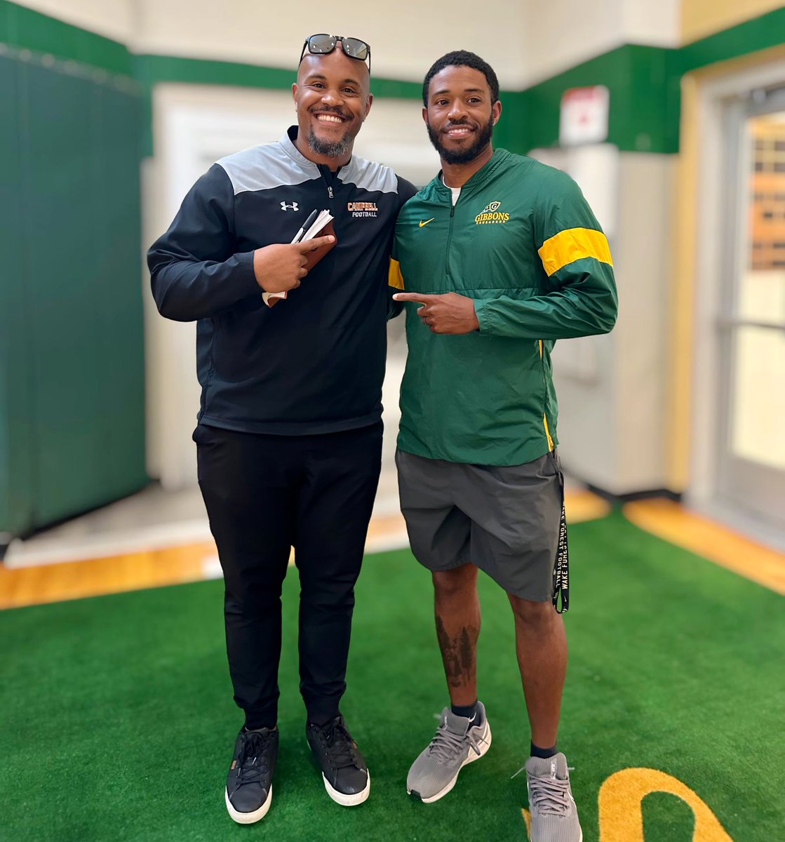 Great catching up with a @GoCamelsFB Alum. Coach Drew at Cardinal Gibbons — Thank you for having me! 🔍🔦 #findingtheHEAT 🔥🐫