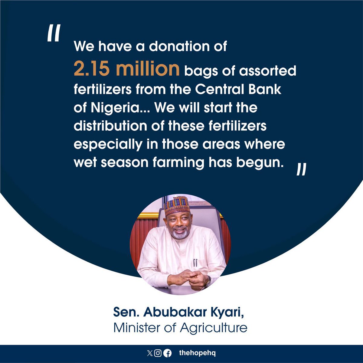 Federal government is set to begin the distribution of 2.15 million bags of various blends of fertilizers donated earlier by the Central Bank of Nigeria for the ongoing wet season planting to farmers across the 36 states and FCT. #GreatnessIsComing @TheHopeHQ