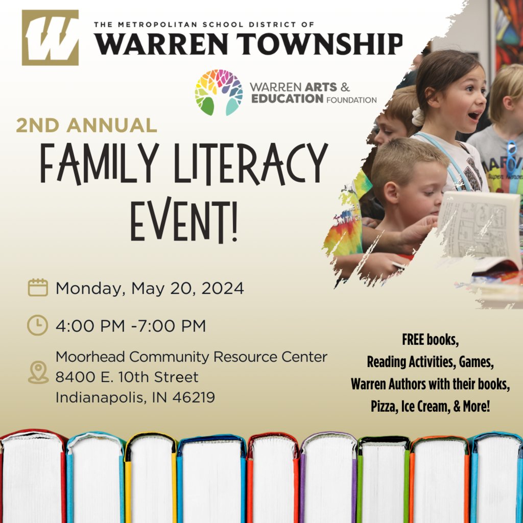📚✨ Join us for Family Literacy Night on Mon, May 20th, 4-7 PM at Moorhead Community Resource Center! First, 300 WARREN STUDENTS get exclusive literacy bags! 🎁 Enjoy Silly Safari, Kona Ice, and a chance to win a Family Game Night basket! 🎉 Be there! #WarrenWill #ShareYourJOY