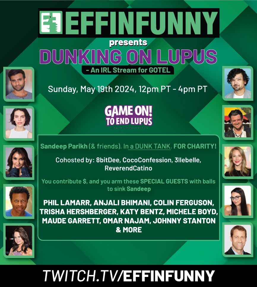 🚨SUNDAY!🚨 LIVE in LA: @sandeepparikh gets in a dunk tank to raise funds for ending Lupus Viewers contribute 💸 and arm celebs & streamers to throw balls 🎾 at Sandeep who will be playing the character of Sandupus (Lupus’s Agent).🕴🏽 twitch.tv/effinfunny