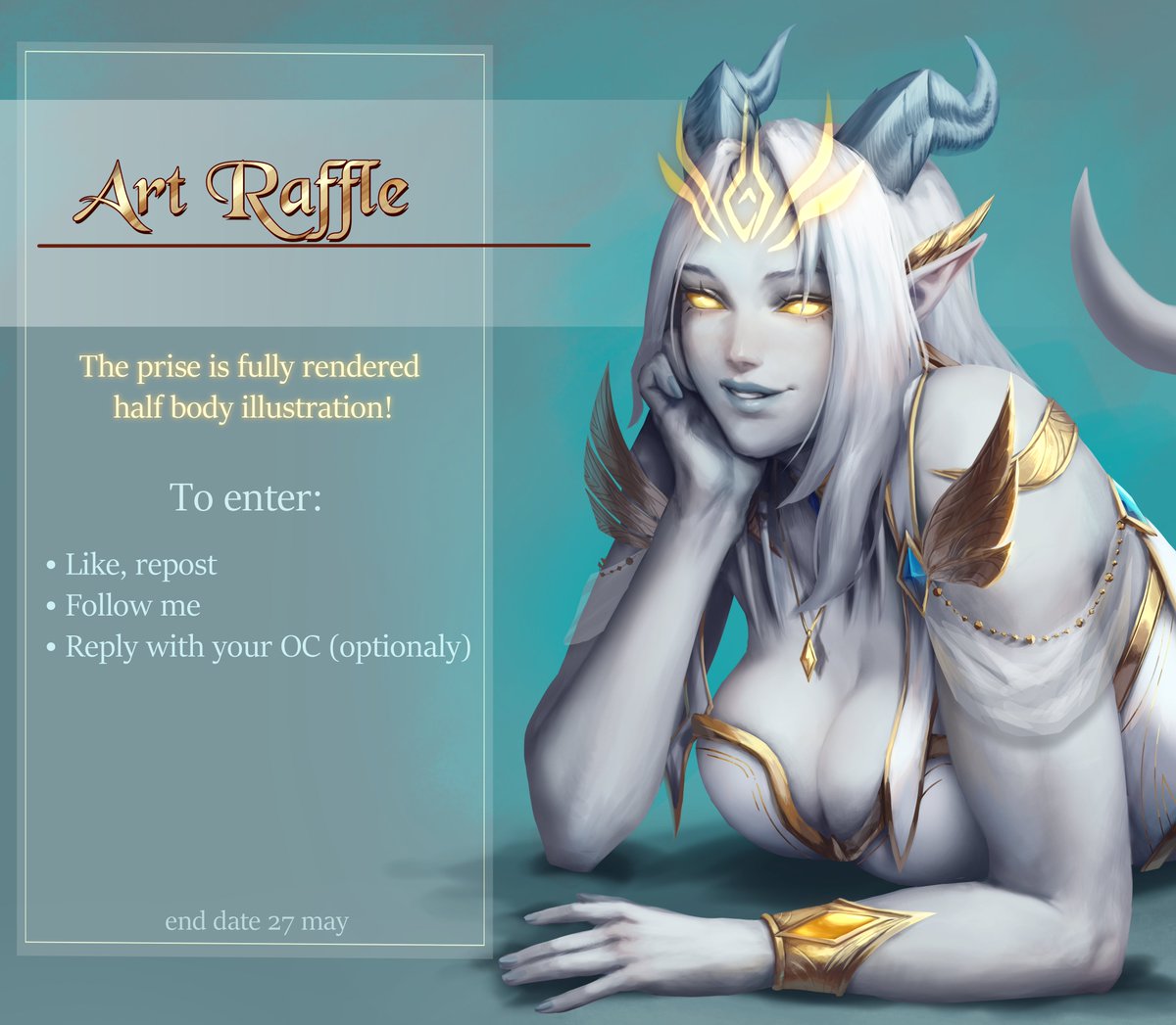 Art raffle as 5000 followers celebration! 🥳

The prise is free commission: Fully rendered half body illustration with simple background! 

End date 27 may ✨