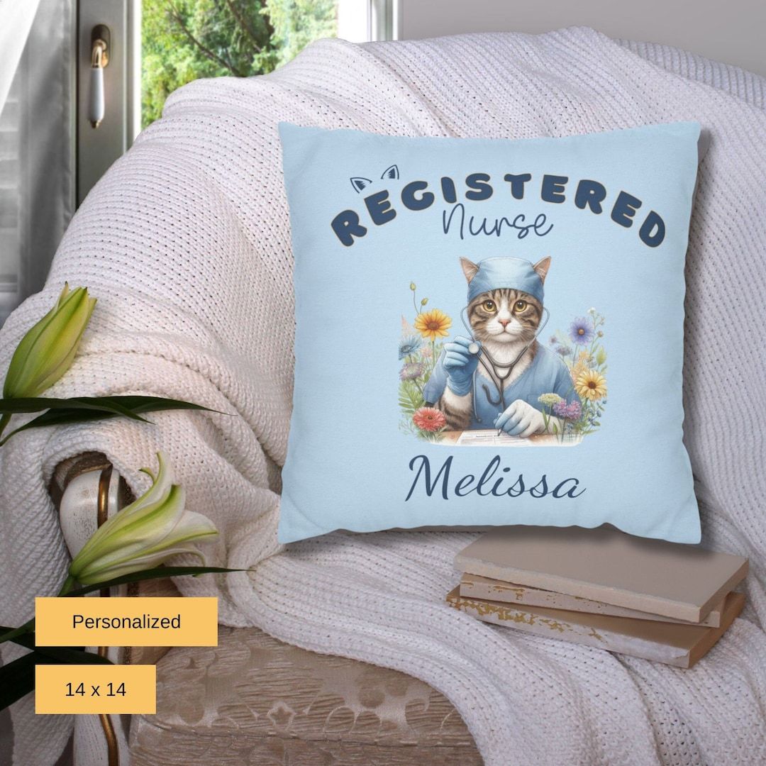 Celebrate your Registered Nurse #graduate with this #catlovers Personalized Pillow buff.ly/3Wzyzkw designed by @Linorstore via @Etsy #EJWTT