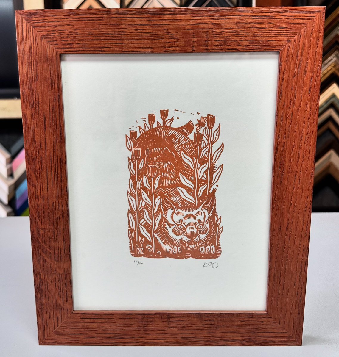 ‘Bobcat’ by @kathleenneeley custom framed using museum glass, glass spacers and oak frame by Picture Woods, Ltd.! #art #denver #colorado #pictureframing #customframing #5280customframing #bobcat #kathleenneeley @truvueglazing