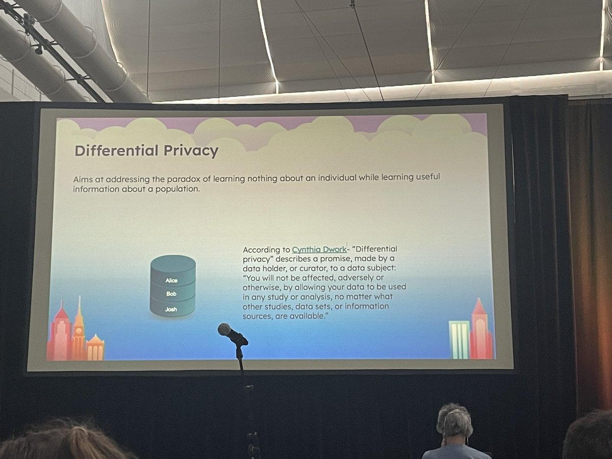 SienaDuplan's tweet image. Not differential equations—differential privacy! Add noise in proportion to sensitivity of data. Talk by Vikram Waradpande at #PyConUS24 #PyCon