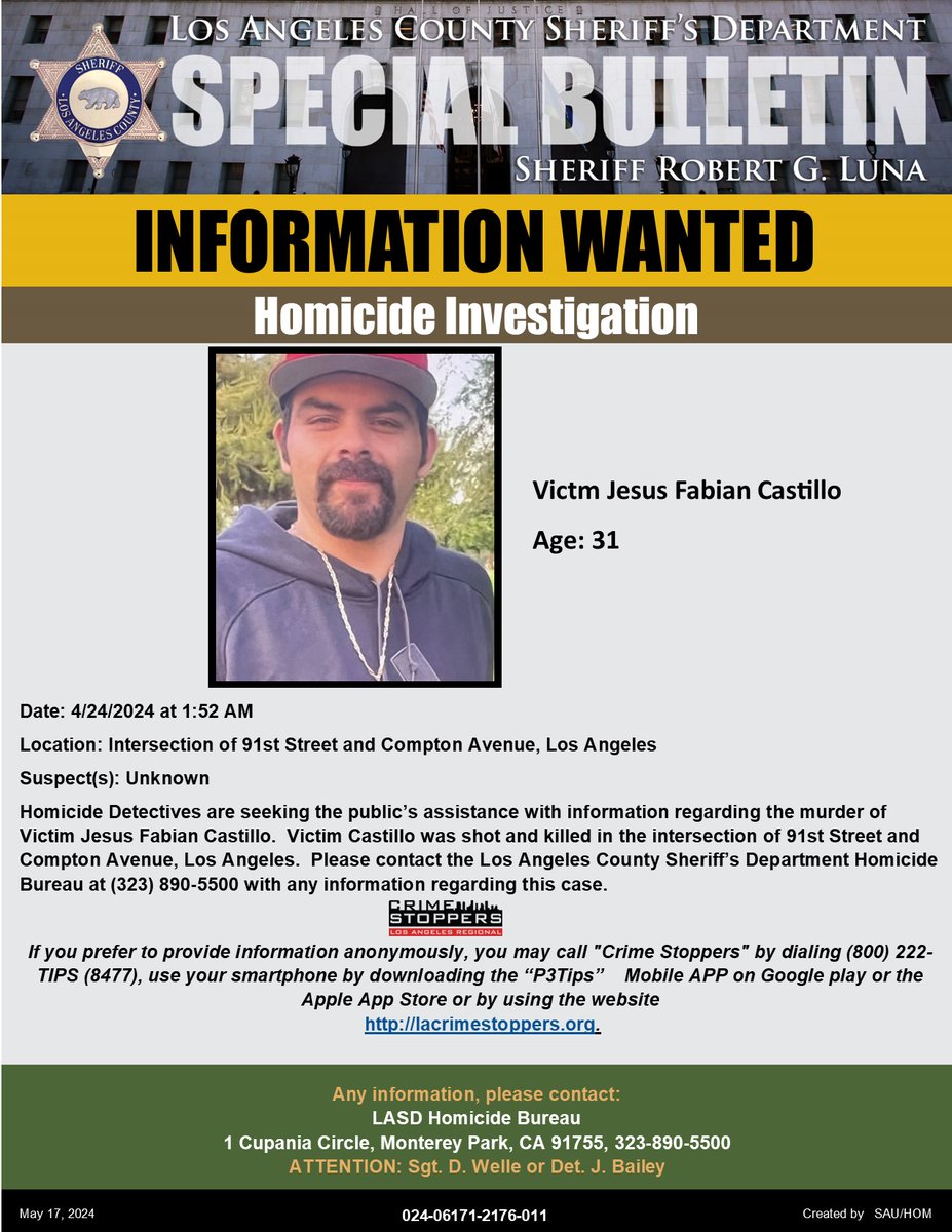 #LASD Homicide Detectives Seeking the Public's Assistance w/ Info Regarding the Murder of Victim Jesus Fabian Castillo local.nixle.com/alert/10993221/